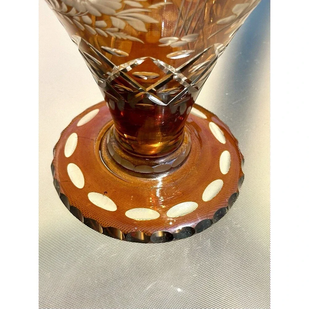 Vintage Bohemian Amber Flash Cut to Clear Glass Vase " Floral Engraved Czech - Picture 11 of 16